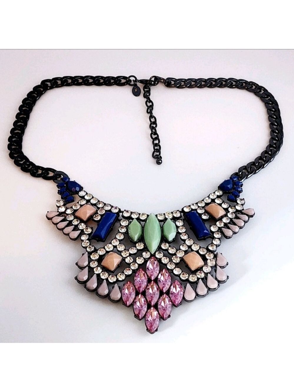 LORI GOLDSTEIN LOGO RUNWAY STATEMENT COLLAR NECKLACE PINK BLUE CRYSTAL GUNMETAL - Picture 9 of 14